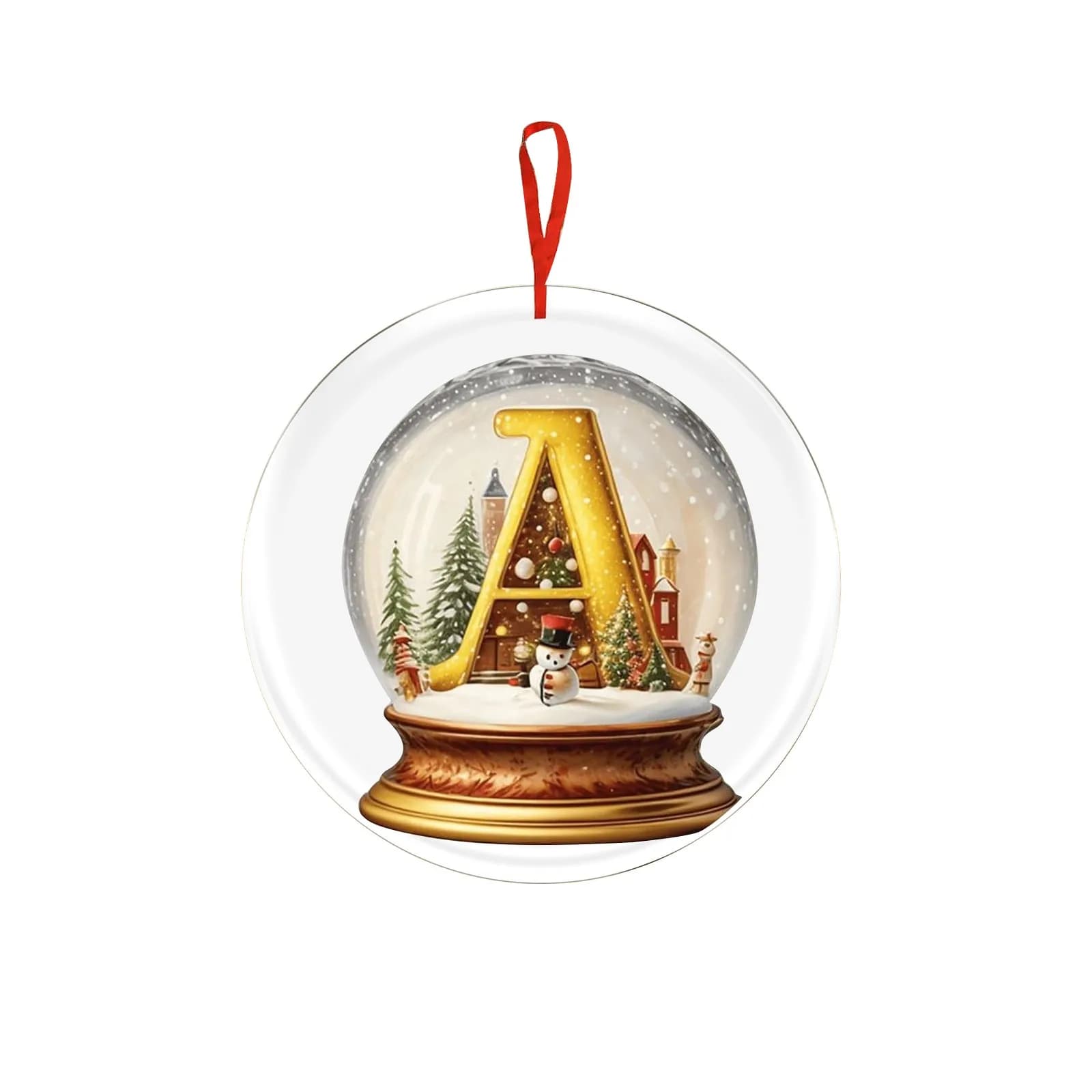 Ornamento di Natale 2D 26 lettere Sfera di cristallo gialla Scena di pupazzo di neve in acrilico Accessorio festivo per appendere l'albero dell'auto