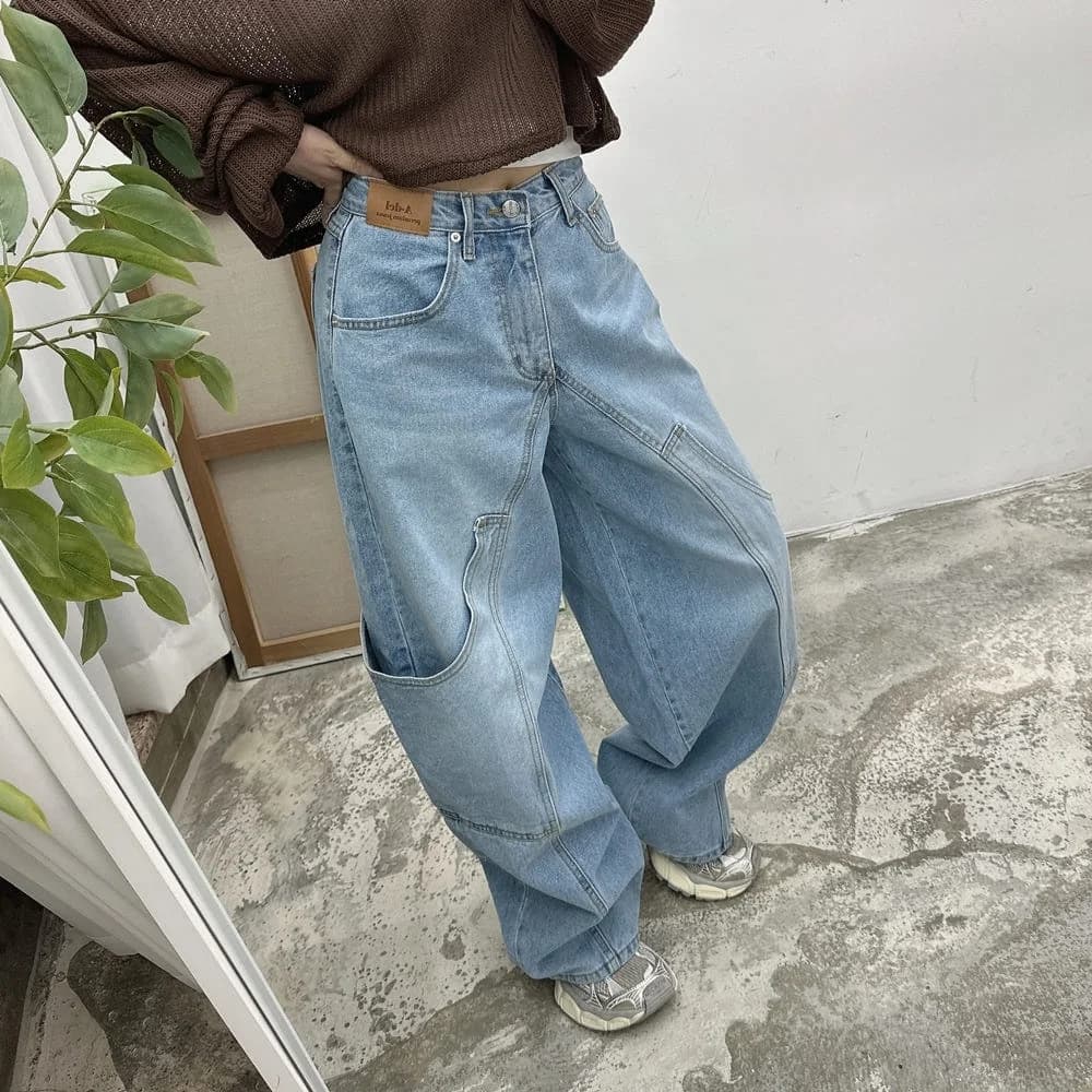 2026 New Chic Korean Style Casual High Waist Wide Leg Denim Jeans Button Detail Large Pocket Vintage A-Line Skirt Jeans