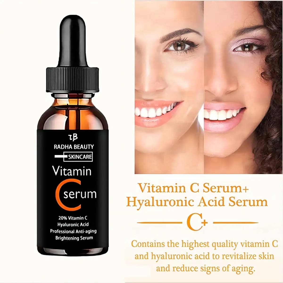 Hyaluronic acid at 20% of vitamin C firms skin, illuminates complexion, moisturizes and moisturizes skin