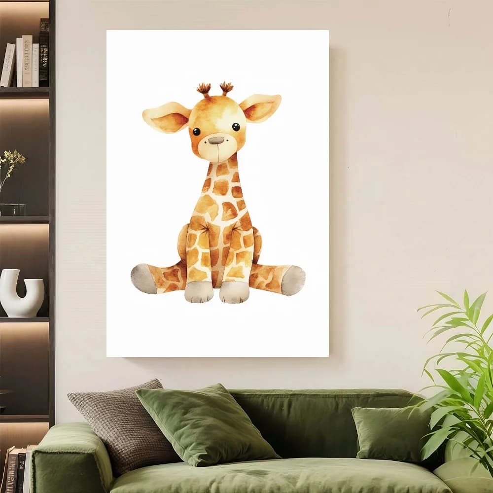 Framed 1pc, 2D Art Print, , 16", Small Long Necked Giraffe Print On High-Quality CWA7-A1 Paper, Safari Nursery Watercolor Giraff