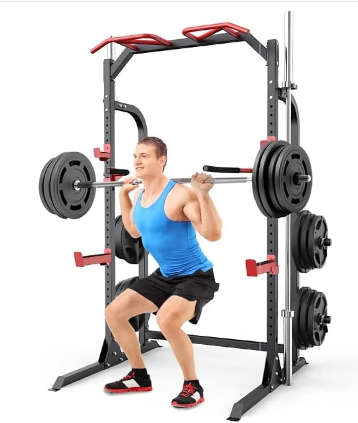 Power Rack con Sistema a Pulegge, Sistema Crossover a Cavi Regolabile, Ganci a J, Maniglie Dip, Porta Pesi
