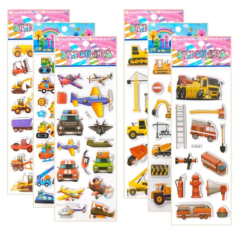 6/12 pezzi adesivi a bolle 3D cartone animato veicolo di ingegneria vari stili riutilizzabili adesivi per bambini giocattoli regalo di compleanno per ragazzi TMZ