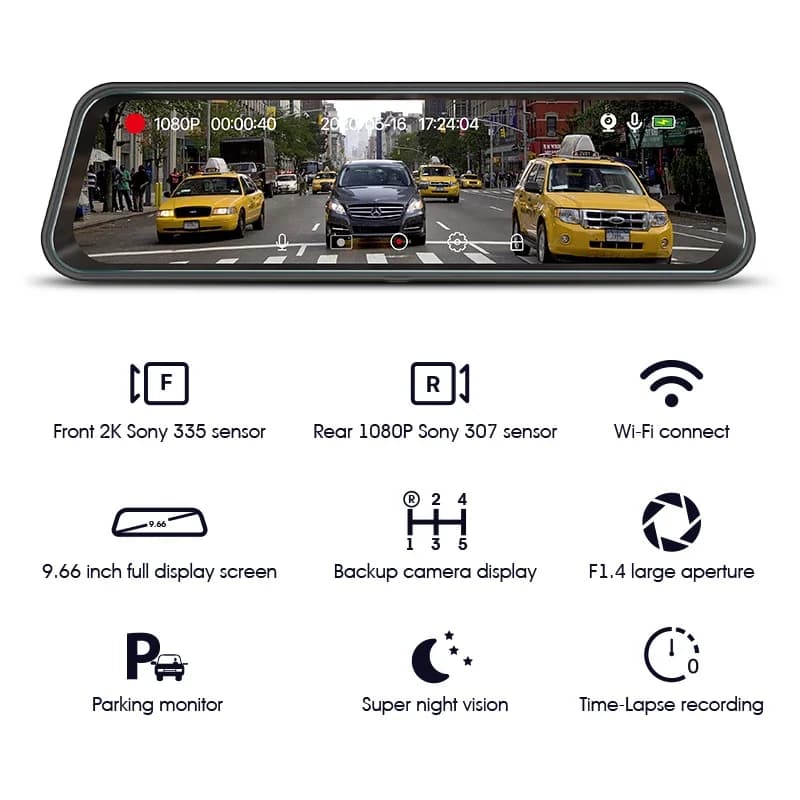 Dash Cam per Auto con Doppia Telecamera e GPS, Specchietto Retrovisore con Registrazione 24 Ore su 24