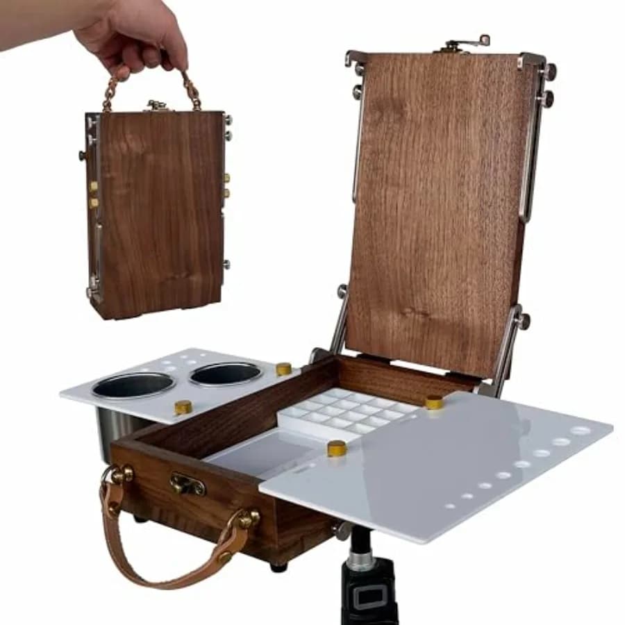 Cavalletto da Tavolo con Scatola e Tavolozza per Acquerelli, Cavalletto Portatile da Viaggio Vuoto per Dipingere con Vano Portaoggetti, Cavalletto Multifunzionale in Legno per Acquerello