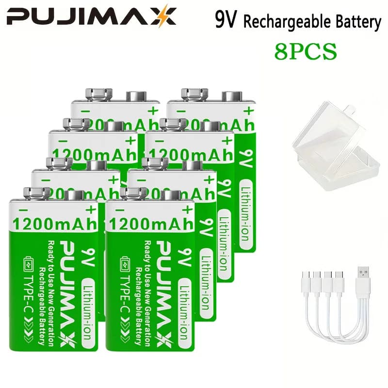PUJIMAX 8PCS 9V Rechargeable Battery 1200mAh USB Type-C Rechargeable 6F22 9V Li-ion Battery for Guitar RC Helicopeter Model Multimeter Toy for Microphone Smoke Detector Pedal