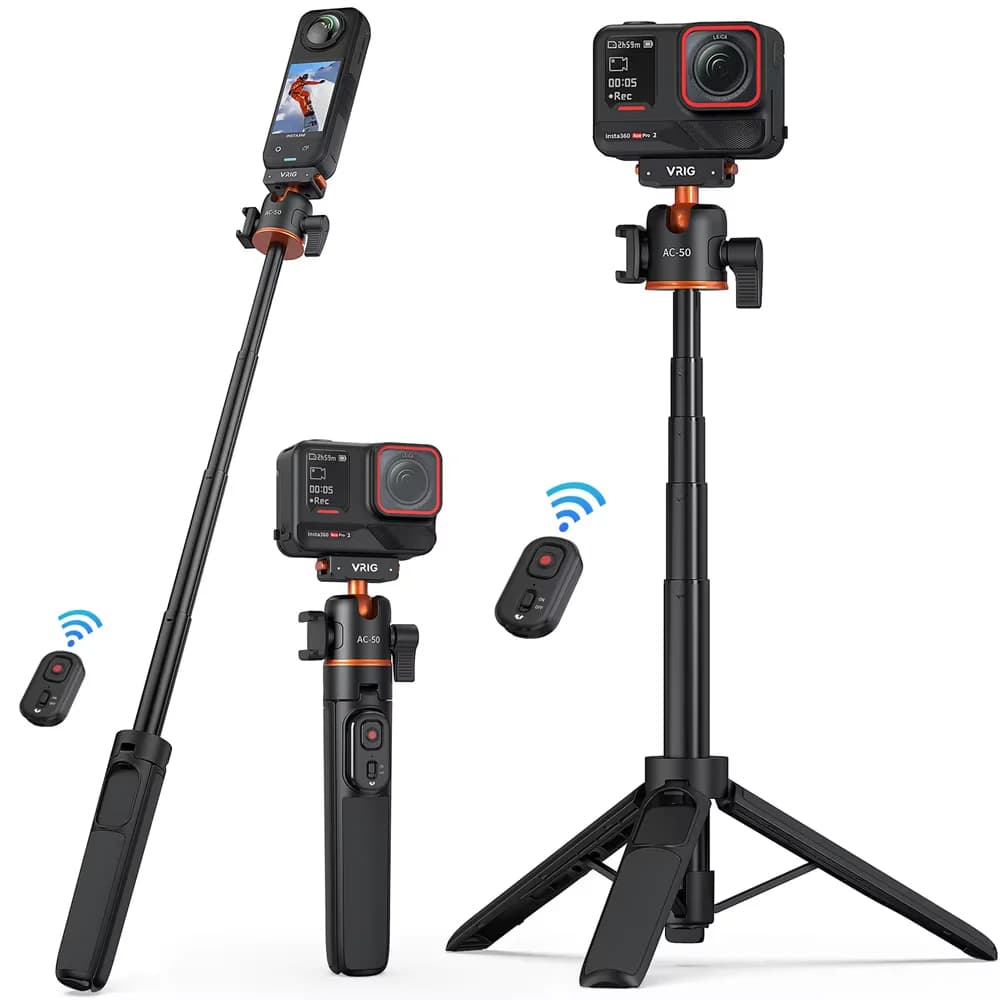 Treppiede Magnetico a Sgancio Rapido VRIG con Telecomando Bluetooth per Insta 360 Ace Pro/Ace Pro 2/X5, Treppiede Estensibile per Fotocamera con Rotazione a 360° ° BallHead