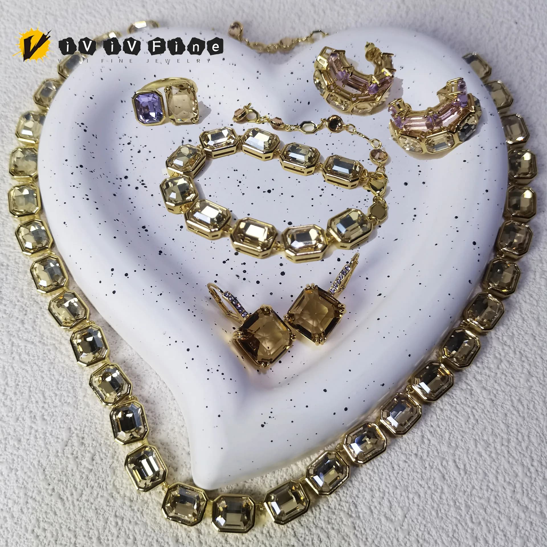 2026 High Quality Jewelry Set Fashion Gold Purple Water Drop Crystal for Women Necklace Earrings Bracelet Ring Wedding Gift