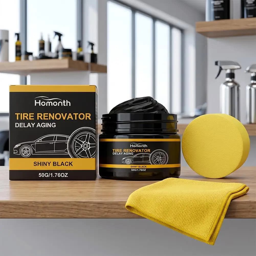 Cera Rinnovatrice per Pneumatici Auto a Lunga Durata, Crema Lucidante per Pneumatici con Spugna, Cera per Rigenerazione Cerchi, Manutenzione Lucidante Nero per Pneumatici Auto