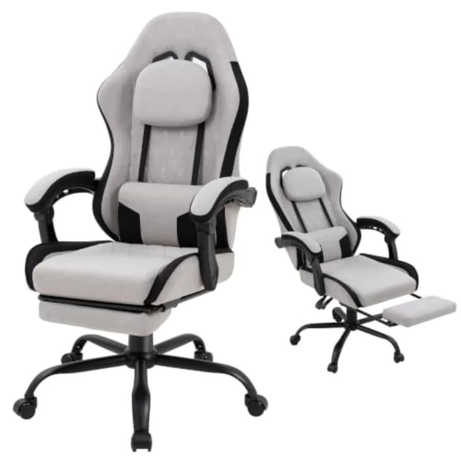 Gaming Chair for Adults: Fabric, Grey, with Footrest, Pocket Spring Cushion, Lumbar Support, and Reclining High-Back Ergonomic