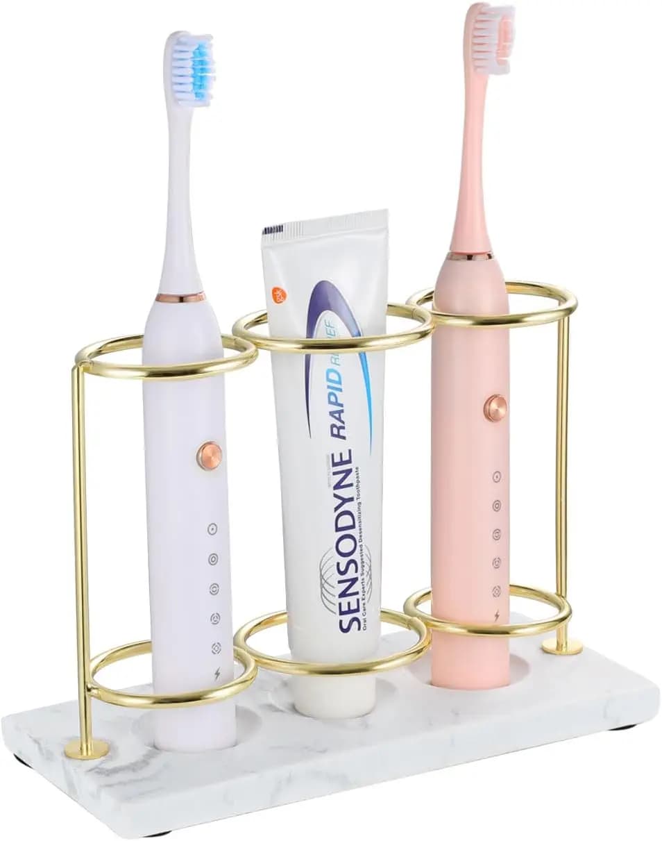 Portaspazzolino Elettrico, Organizzatore da Bagno a 2 Livelli con 3 Scomparti in Resina e Base Antiscivolo per Spazzolino, Dentifricio e Rasoio, Oro
