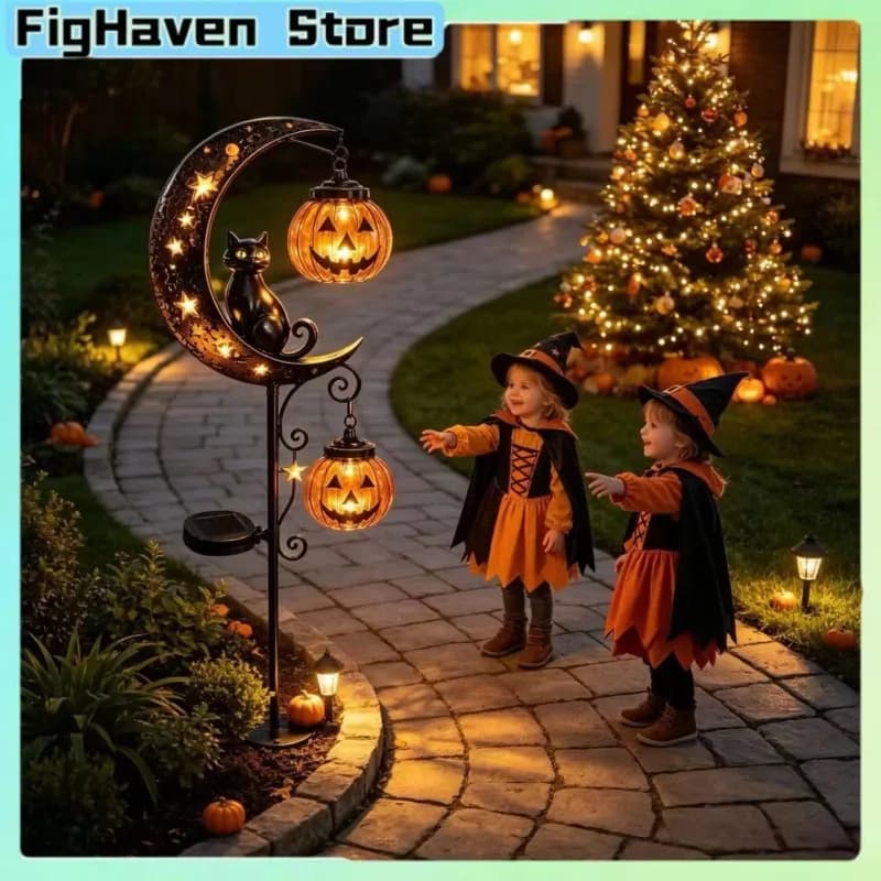 Halloween Solar Garden Stake Light Moon Black Cat Pumpkin Lantern Outdoor LED Yard Lamp Waterproof Pathway Decor for Party