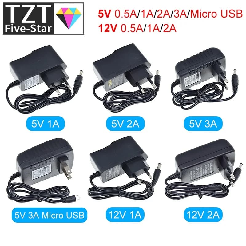 TZT 1/3PCS AC 100-240V a DC Caricatore di Alimentazione 5V 12V 1A 2A 3A 0.5A Spina UE 5.5mm x 2.5mm Spina Micro USB per Arduino