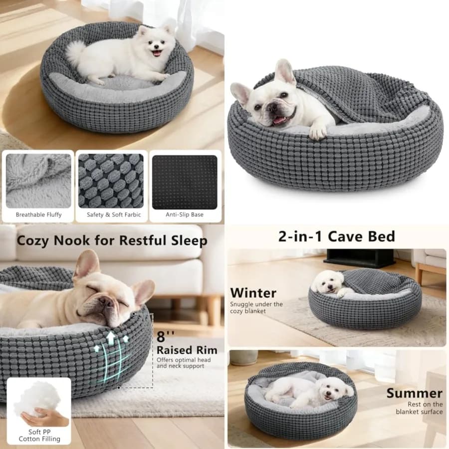 Cuccia per Cani con Coperta Integrata per Cani Piccoli o Gatti, Morbida e Accogliente a Forma di Ciambella con Cappuccio, Lavabile Cuccia Rotonda per Cuccioli O