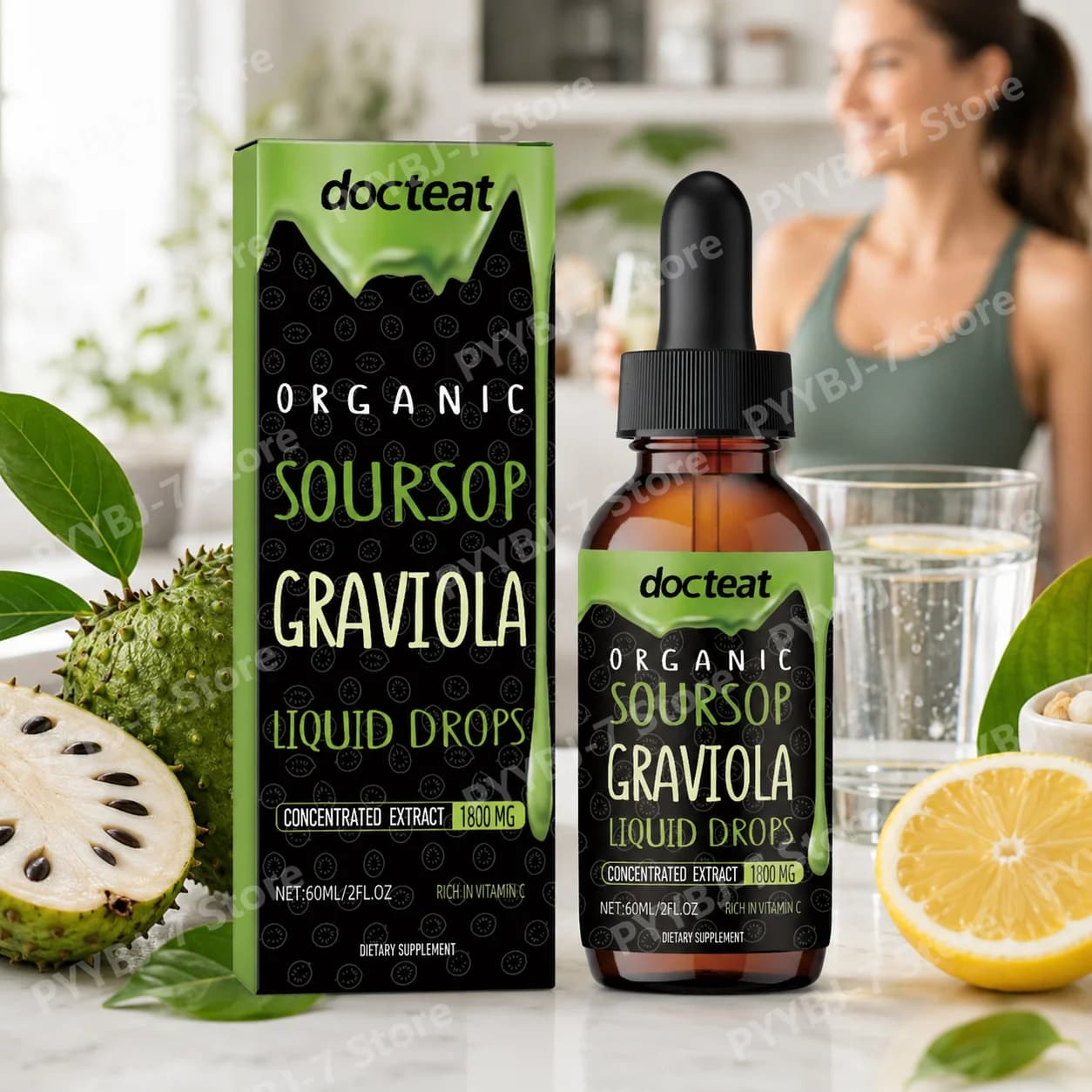 Soursop Graviola Liquid Drops 1800mg Leaf Fruit Extract with Vitamin C Herbal Blend Nutritional Supplement for Adults
