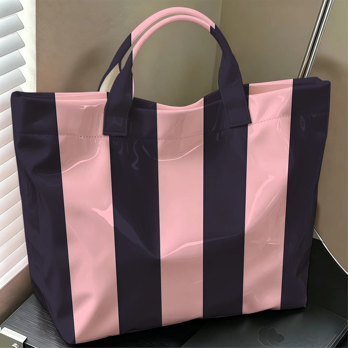 Blush & Black Vertical Stripe Cute Large Glossy PVC Tote Bag Hand Washable Lightweight Soft Great for Travel Commute Handbags