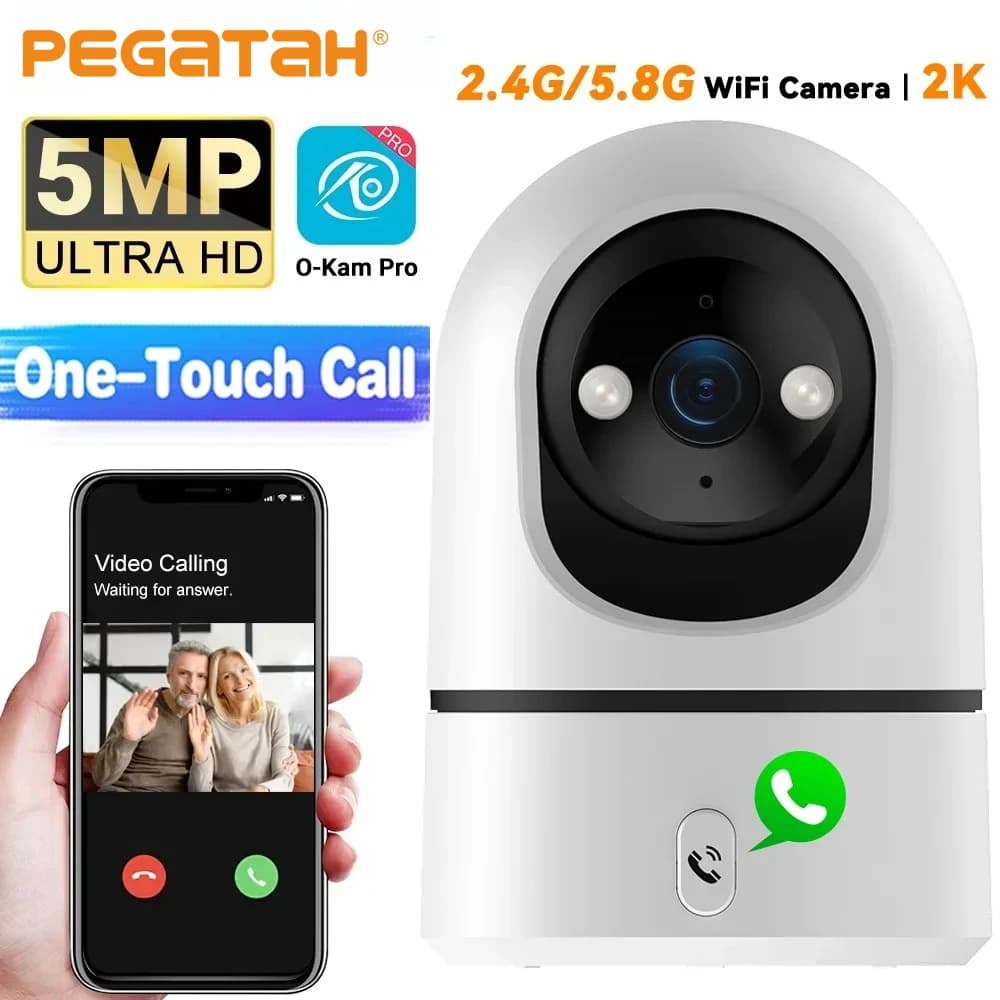 Telecamera di Sicurezza per Bambini da Interno 5MP, WiFi 2.4G/5G, Chiamata One-Touch, Visione Notturna a Colori, Zoom 4X, 355 ° PTZ Auto Tracking O-Kam Pro