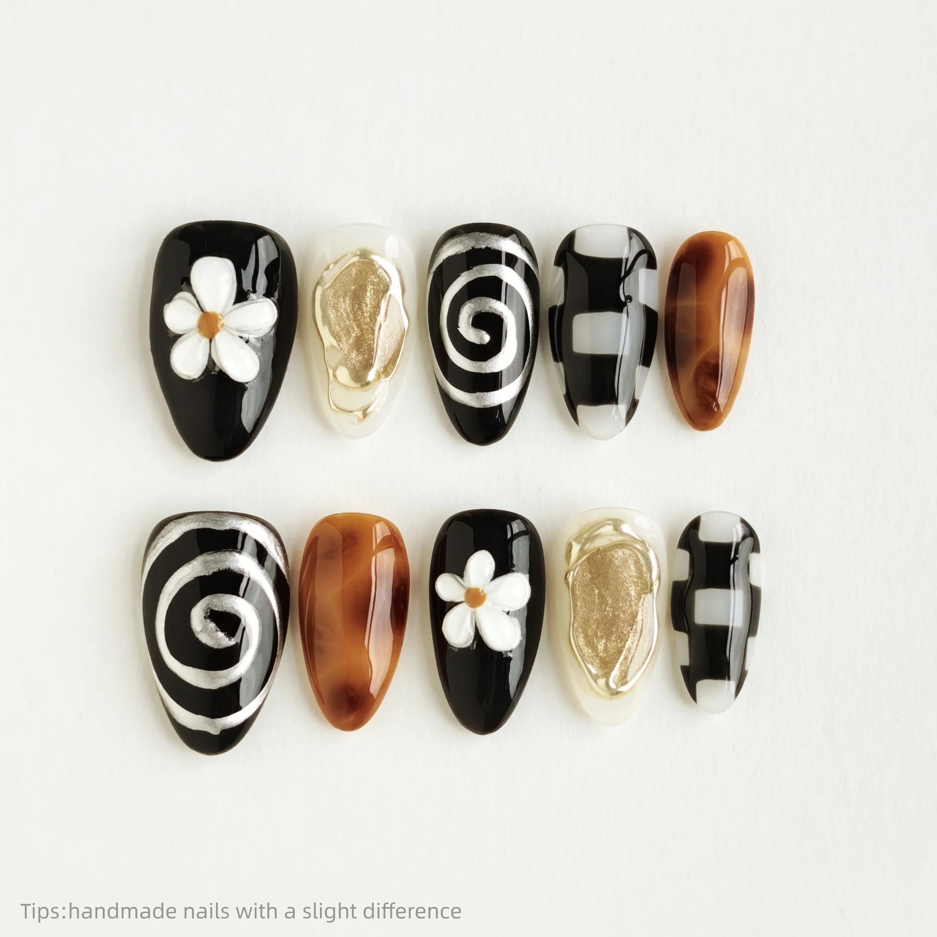 10 pcs. Pure Black Handmade Nails White Gold with Flowers, Lunghe a Mandorla, Luxury Retro, Chess Decoration, Fin Nails Sticker