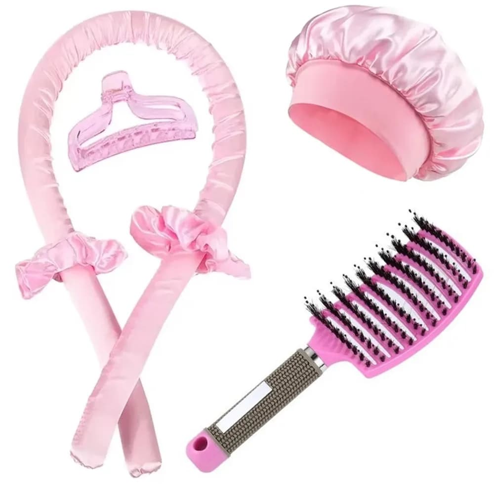 Set di 6 bigodini in raso senza calore, cappello per capelli da notte, spazzola antistatica in pelo di cinghiale, fermaglio per capelli, accessori fai da te per onde naturali