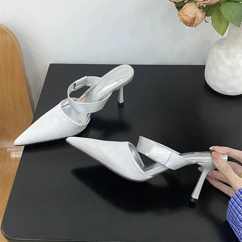 Spring Summer Satin Hollow Slippers Women Elegant Pointed Toe Thin Low Heels Dress Mules Ladies Shoes