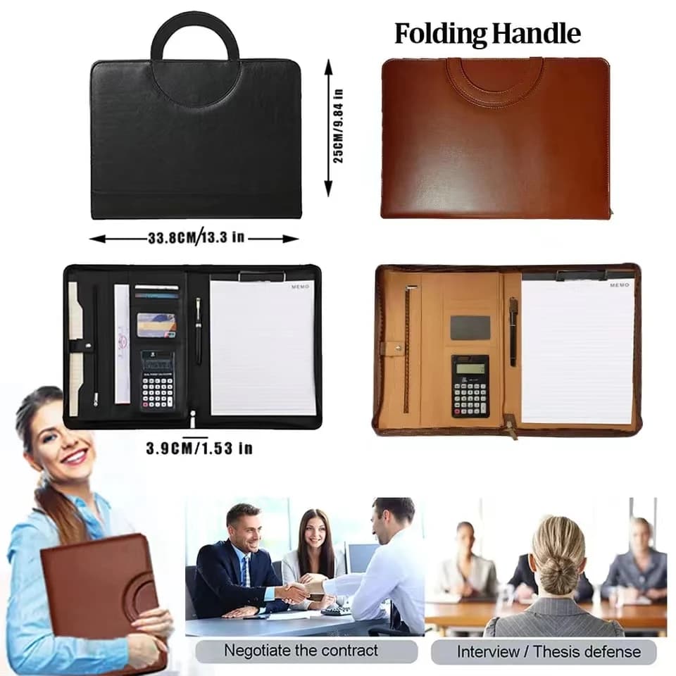 A4 Business Padfolio File Folder Portfolio Pu Leather Briefcase With Calculator Notebooks Card Holder Office Document Organizer