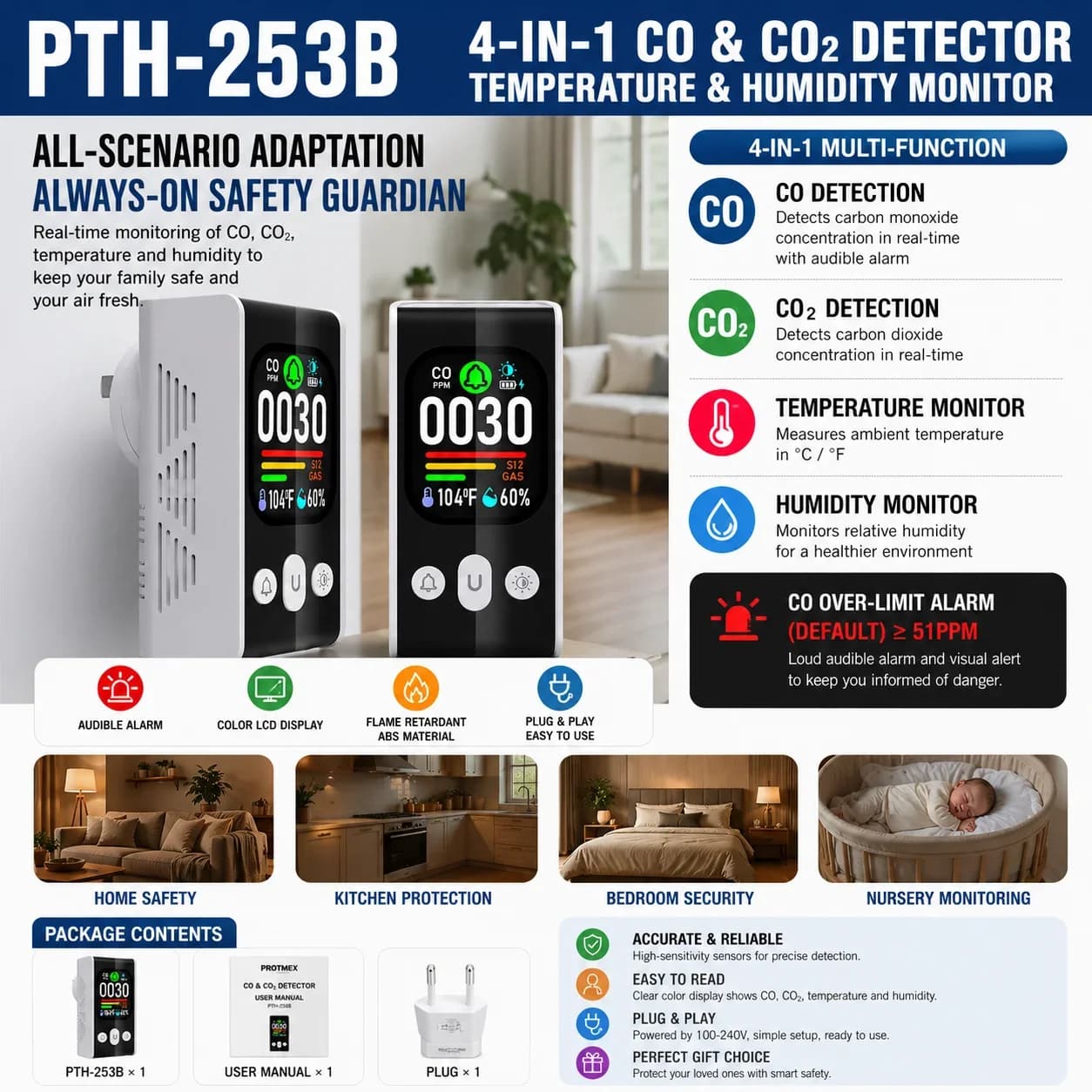 FABISENSE Plug-in Gas & CO Detector with Battery Backup 4in1 Natural Gas Leak Alarm with LCD Display No Installation for home