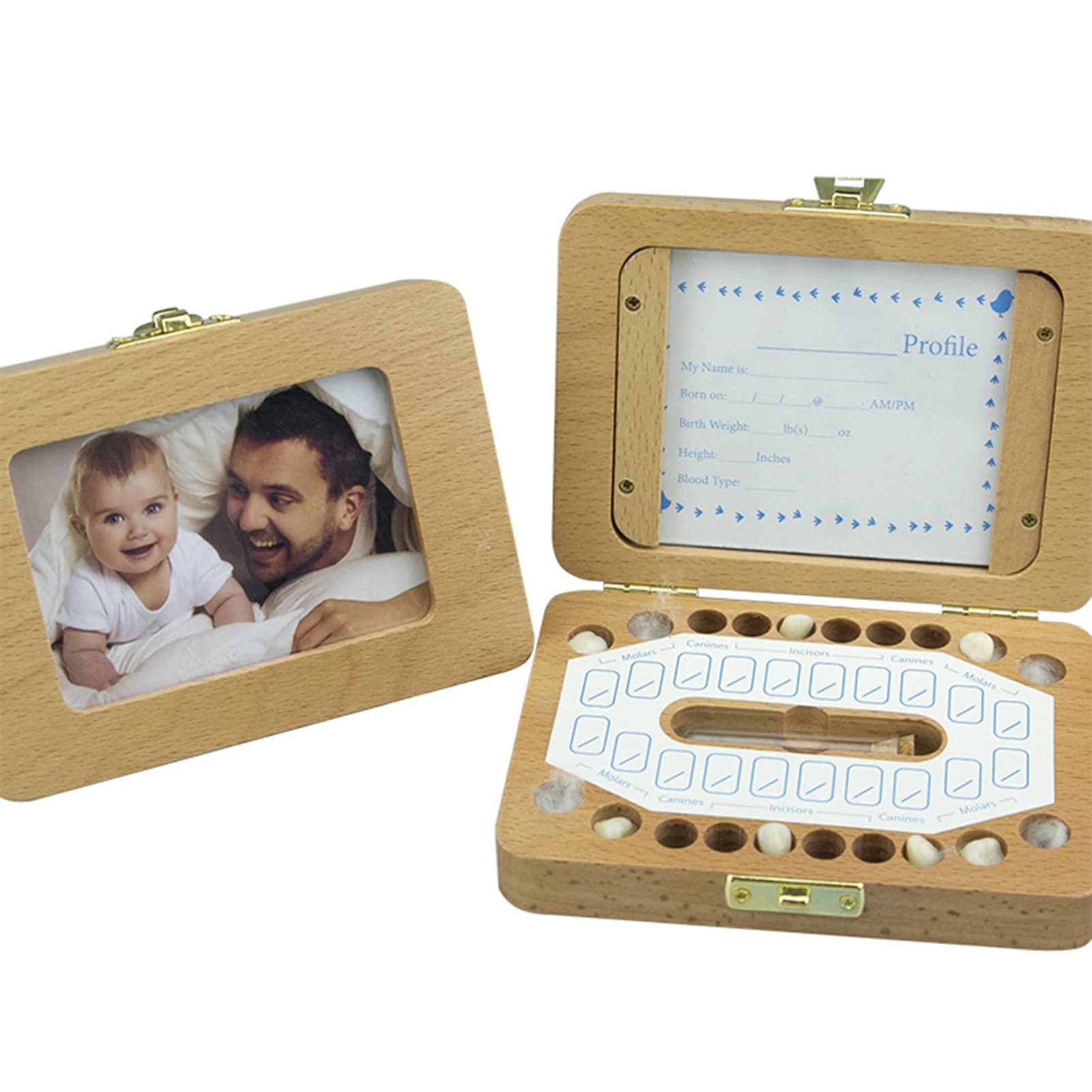 Scatola in Legno per Denti da Latte, Porta Denti per Bambini, Cornice Portafoto, Contenitore per Conservare Denti e Capelli, Ricordo Commemorativo