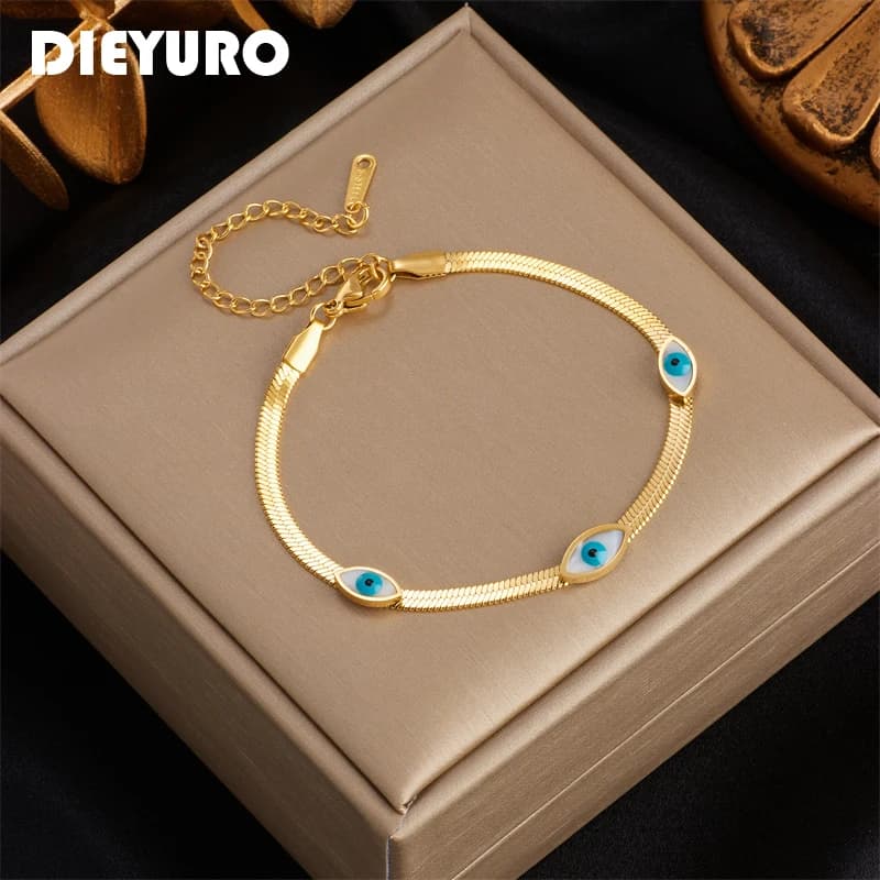 DIEYURO Bracciale con ciondolo occhio blu in acciaio inossidabile 316L per le donne Regali di nozze per feste di gioielli da polso per ragazze color oro antiruggine