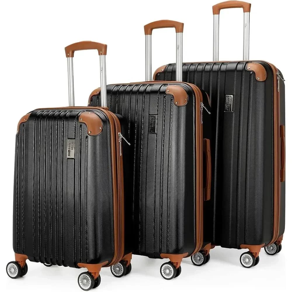 Collins 3-Piece Expandable Retro Luggage Set, Lightweight Durable PC-ABS, Double Spinner Wheels (Black)
