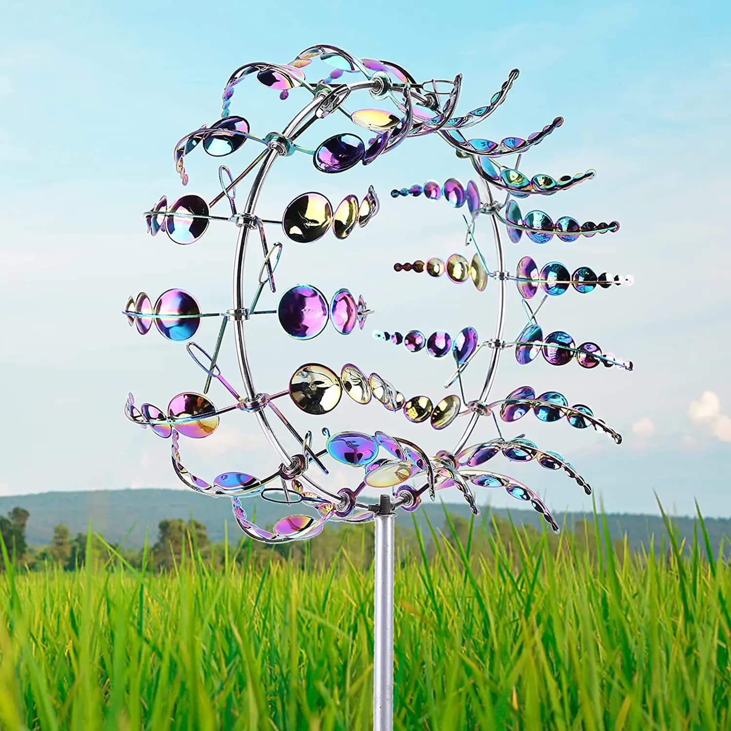 Mulino a vento in metallo unico e magico, scultura cinetica alimentata a vento 3D, filatori a vento in metallo solare da prato per cortile e giardino
