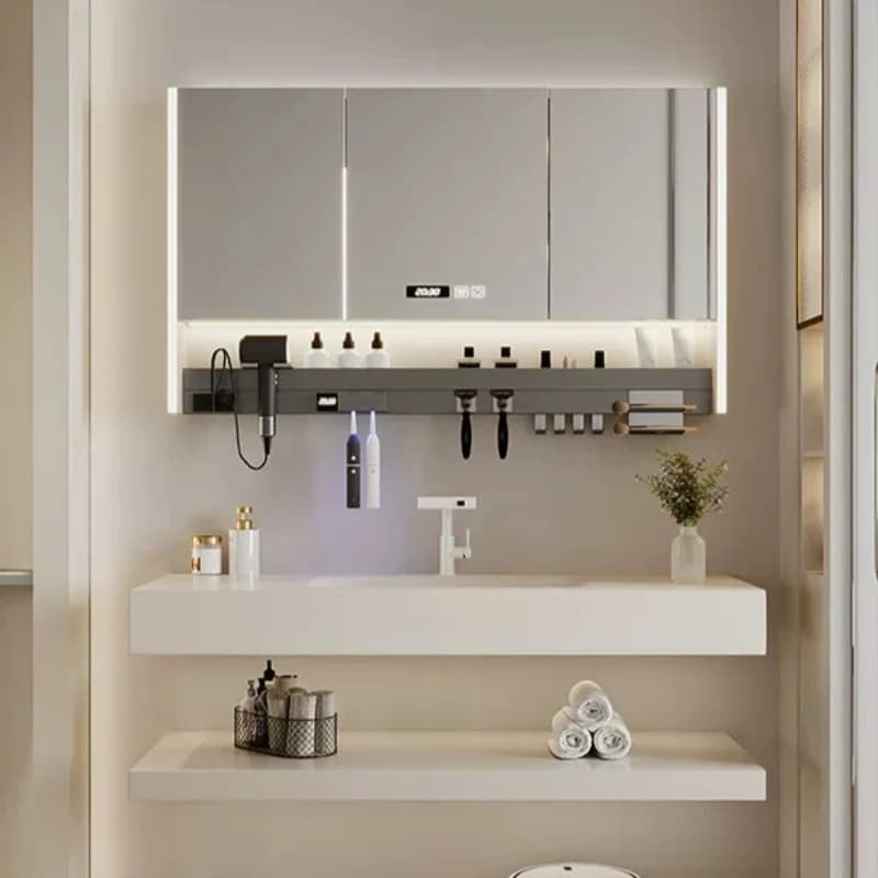 Mobile Bagno Stile Hotel con Lavabo Integrato a Doppio Livello in Pietra Sinterizzata e Armadietto a Specchio LED Intelligente per Bagno Domestico