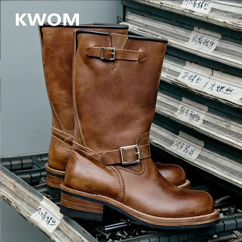 KOWM Cowhide Hiking shoes Brown trekking boots men Engineer's boots workwear goodyear shoes trendy women shoes walking sneakers