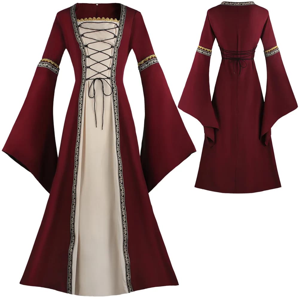Hot Sale Medieval Lace Up Long Dress Flare Sleeve Renaissance Cosplay Costume