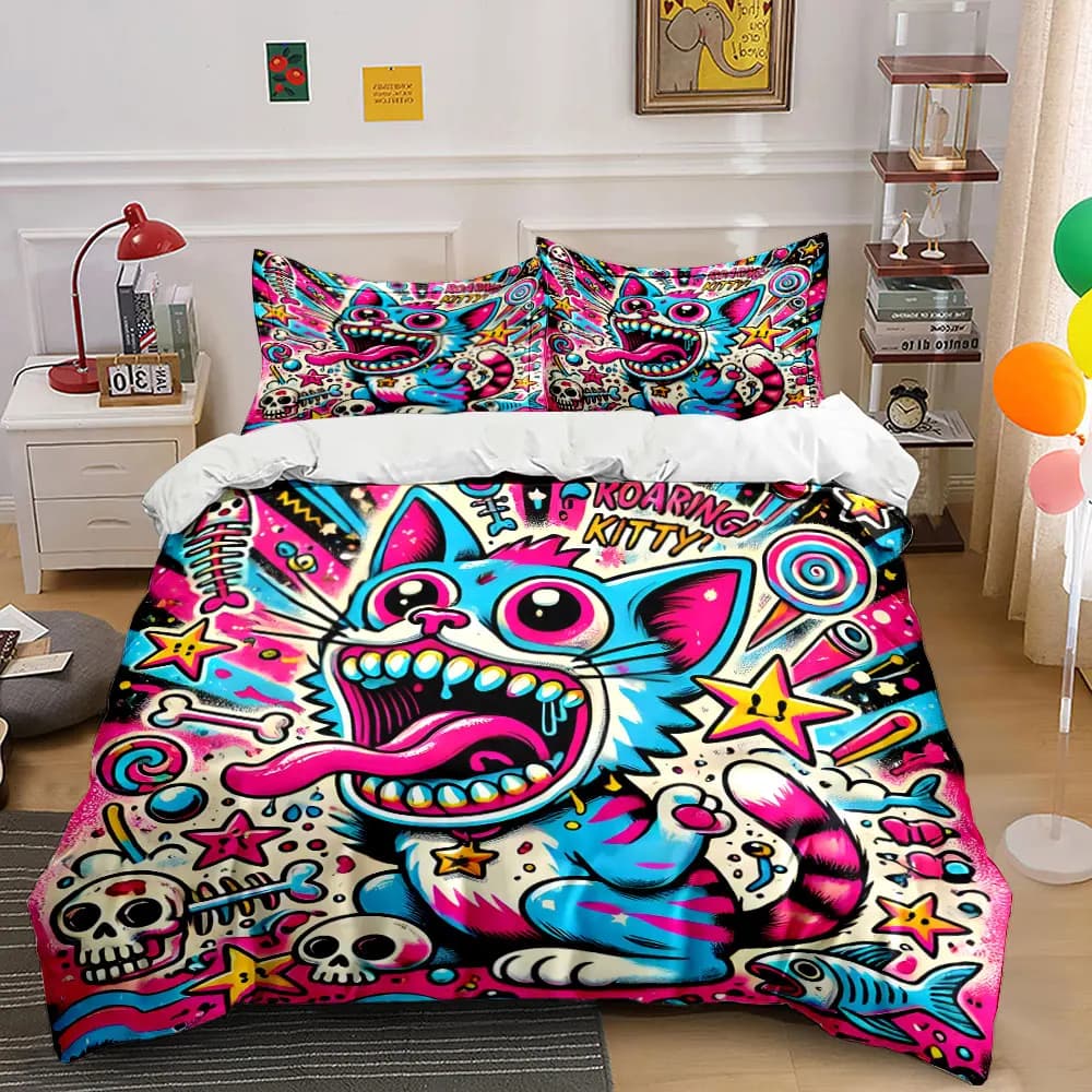 Pop graffiti style roaring cat Pattern Duvet Cover Set Digital Print Colorful Polyester Bedding with Zipper Closur for gifts