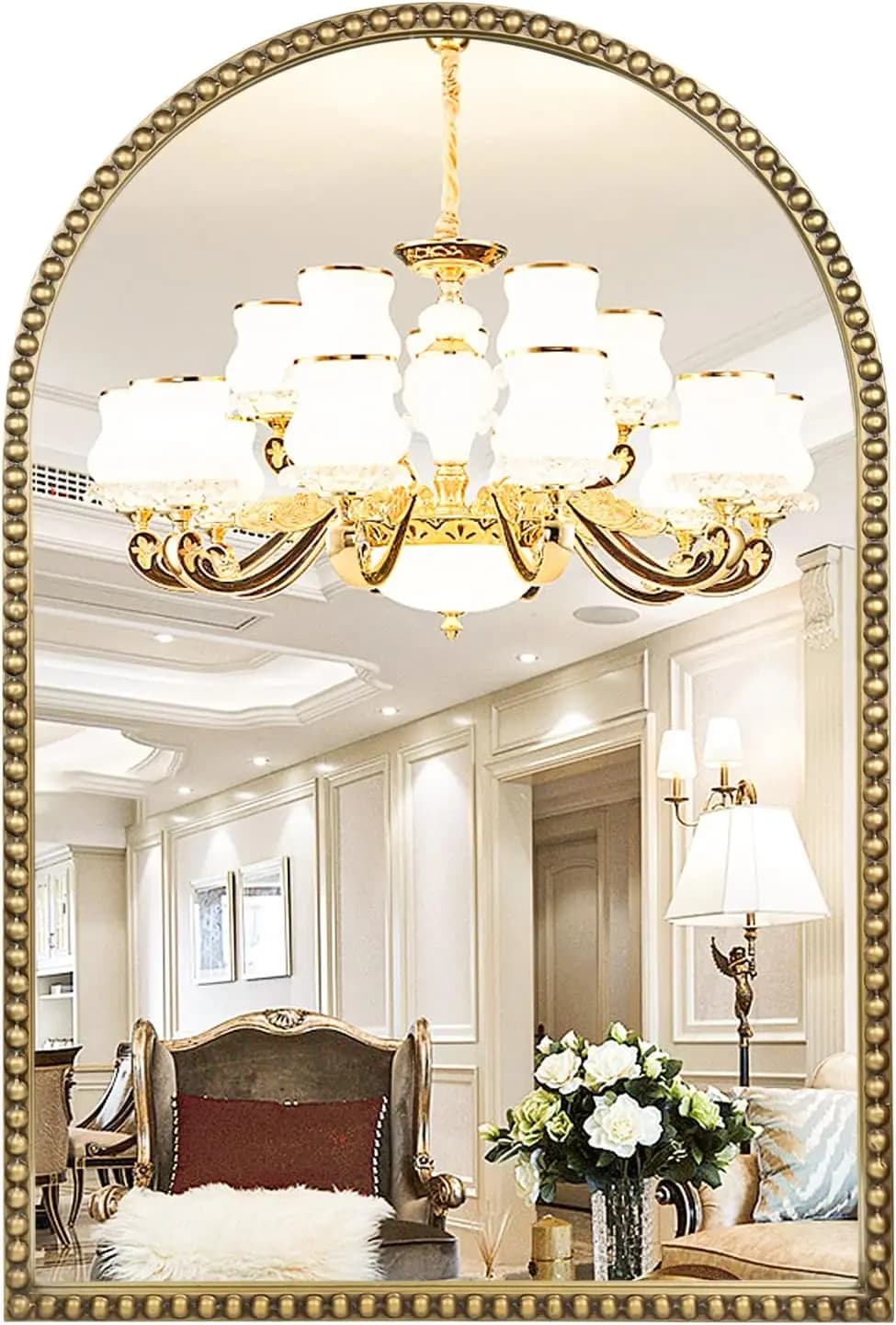 Grande Specchio con Cornice Metallica Arcuata e Perline per Bagno, Camera da Letto, Soggiorno, Ingresso, Finitura Oro Antico