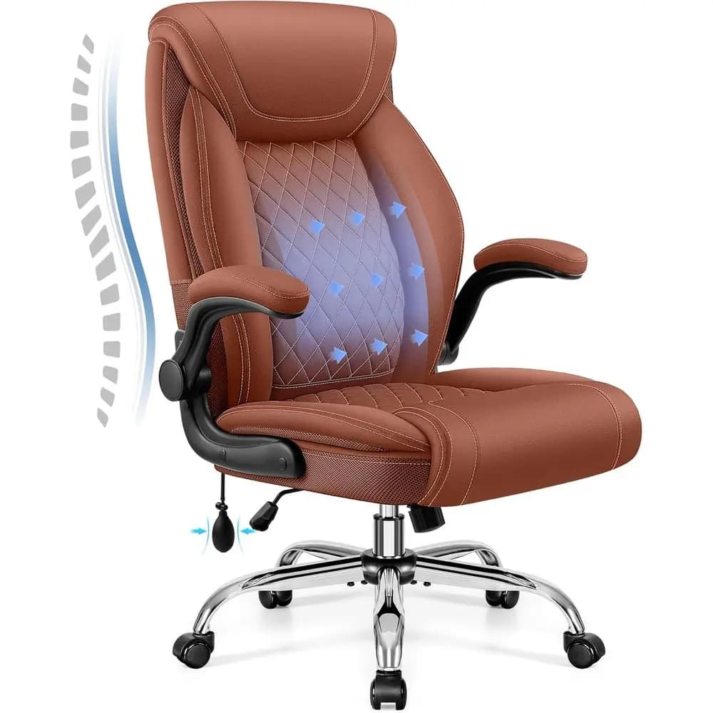 Sedia da ufficio in pelle Big&Tall, sedia girevole ergonomica con supporto lombare, braccioli ribaltabili, funzione di dondolo per gaming domestico, marrone