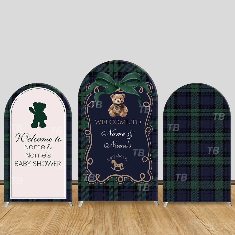 Teddy Bear Plaid Theme Arch Backdrop Cover Green Bow Cartoon Background For Kids Birthday Baby Shower Party Decoration