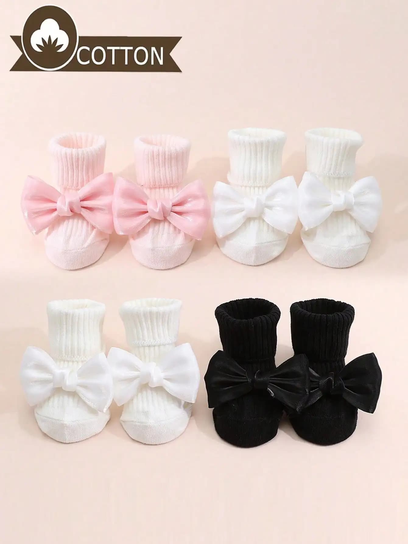 4 Pairs Newborn Baby Girls Cotton Crew Socks Big Bow Non Slip Grips Floor Walking Socks Soft Breathable Summer Infant Socks 0-2Y