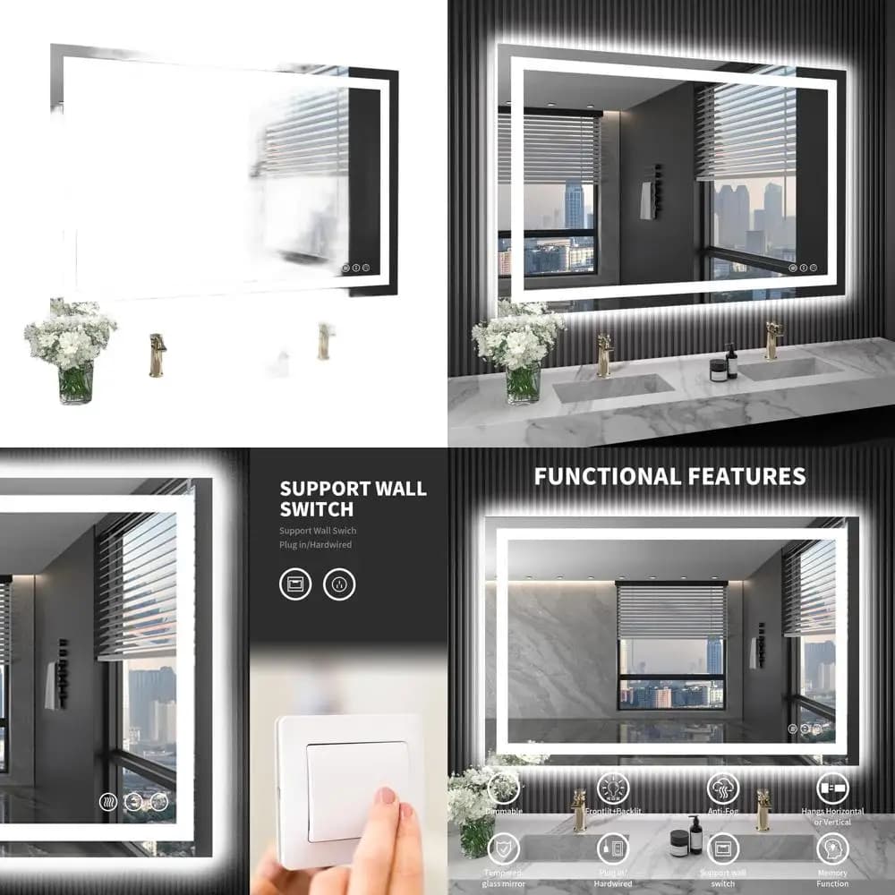 Specchio da bagno dimmerabile 40x32 LED con antiappannamento, retroilluminato e illuminazione frontale, specchio da parete in vetro temperato impermeabile con memoria
