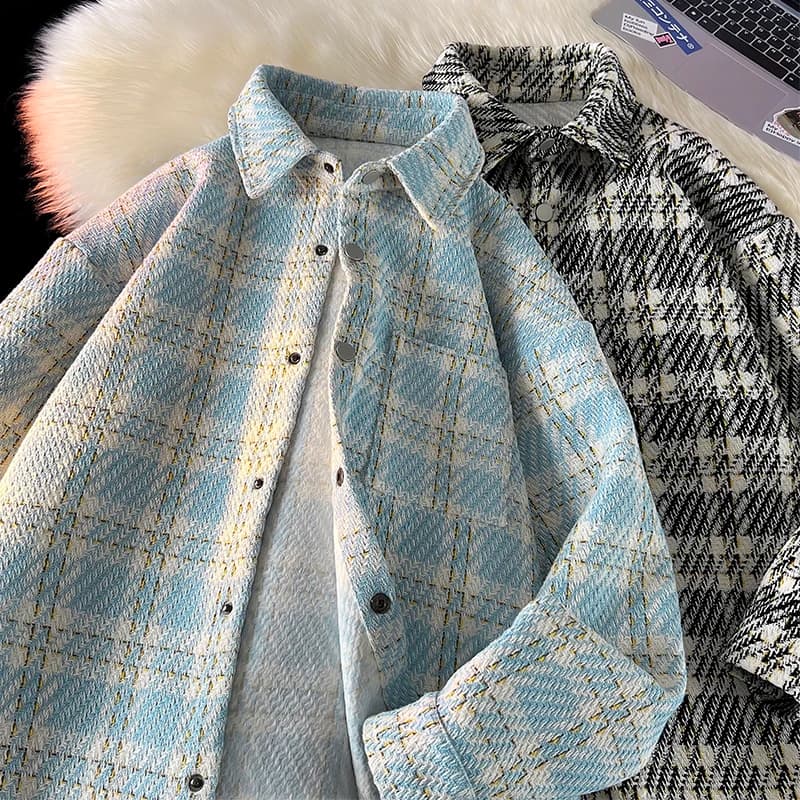 Giacca Unisex Trendy a Quadri Stile Scacchiera, Manica Lunga, Azzurra, per Primavera e Autunno, Stile Giovanile, Abbigliamento Esterno Ispirato ai Giochi da Tavolo