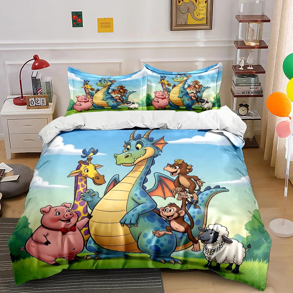 Set copripiumino con motivo drago e amici animali, stampa digitale, biancheria da letto in poliestere colorato con chiusura a cerniera, ideale come regalo