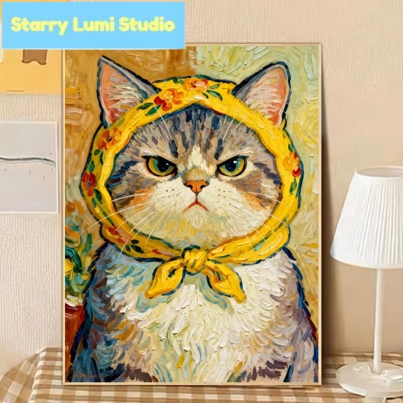 Un gatto che indossa un turbante con fiori gialli, pittura diamantata fai da te, mosaico di diamanti 5D, punto croce per decorazioni domestiche, regali unici
