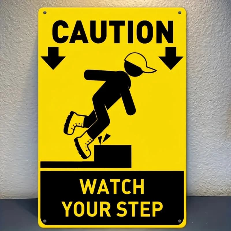 2D Metal Sign, Retro Caution Your Step Sign with Direction Arrow & Shadow Detail, 8x12 Inch Yellow Metal Warning Decor for Schoo