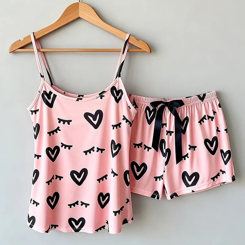 Ladies Pajamas Set Printed Camisole Shorts Home Pink Eyelash Love Leisure Comfort Shorts Set Women's Nightwear Homewear