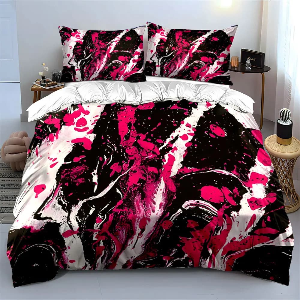 3Pcs Magenta White Liquid Marble Bedding Set, Black Base Abstract Ink Flow Print Duvet Cover 2 Pillowcases King Queen, Gift
