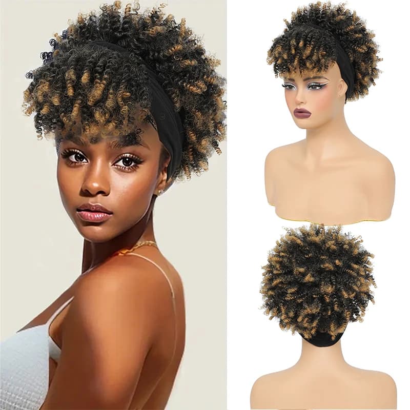 Parrucca corta afro crespa riccia con fascia Ombre Bionda Parrucca per capelli ricci con fascia attaccata Parrucche sciarpa sintetica per donne nere