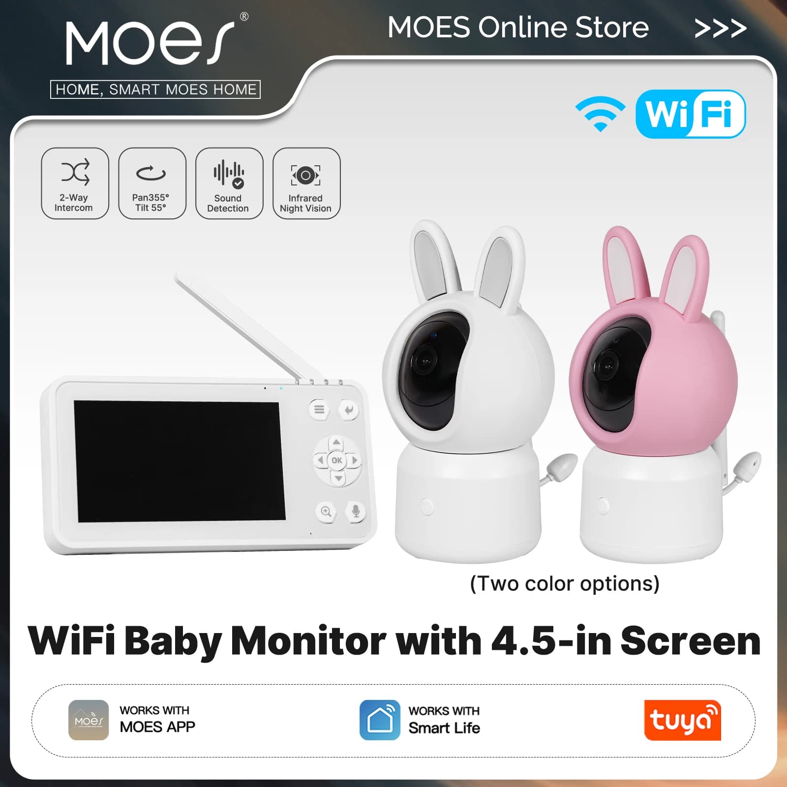 Telecamera di Sicurezza Intelligente MOES Tuya WiFi per Bambini e Animali Domestici con Schermo LCD da 4,5 Pollici, Zoom PTZ, Sensore di Temperatura e Ninna Nanna