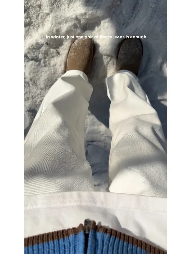 Jeans a Gamba Dritta Bianchi Cleanfit da Uomo, Pantaloni a Gamba Larga Foderati in Pile per Autunno Inverno, Moda Giovanile in Misto Cotone e Poliestere