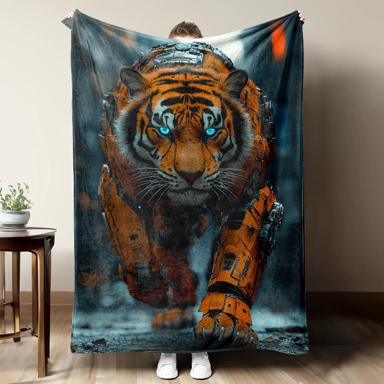 Coperta stampata in flanella con tema tigre meccanico cibernetrico adatta a tutte le stagioni adatta per divano da ufficio e viaggi