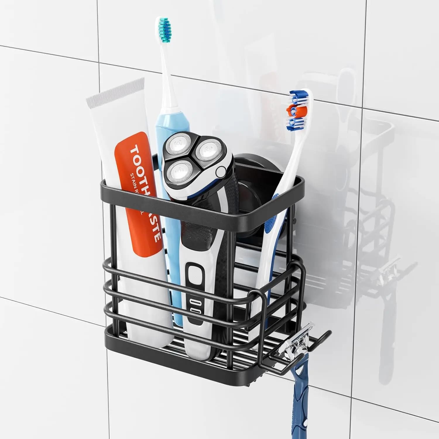 Portaspazzolino con ventosa in acciaio inossidabile, organizer rimovibile senza foratura per articoli da bagno e cucina, nero