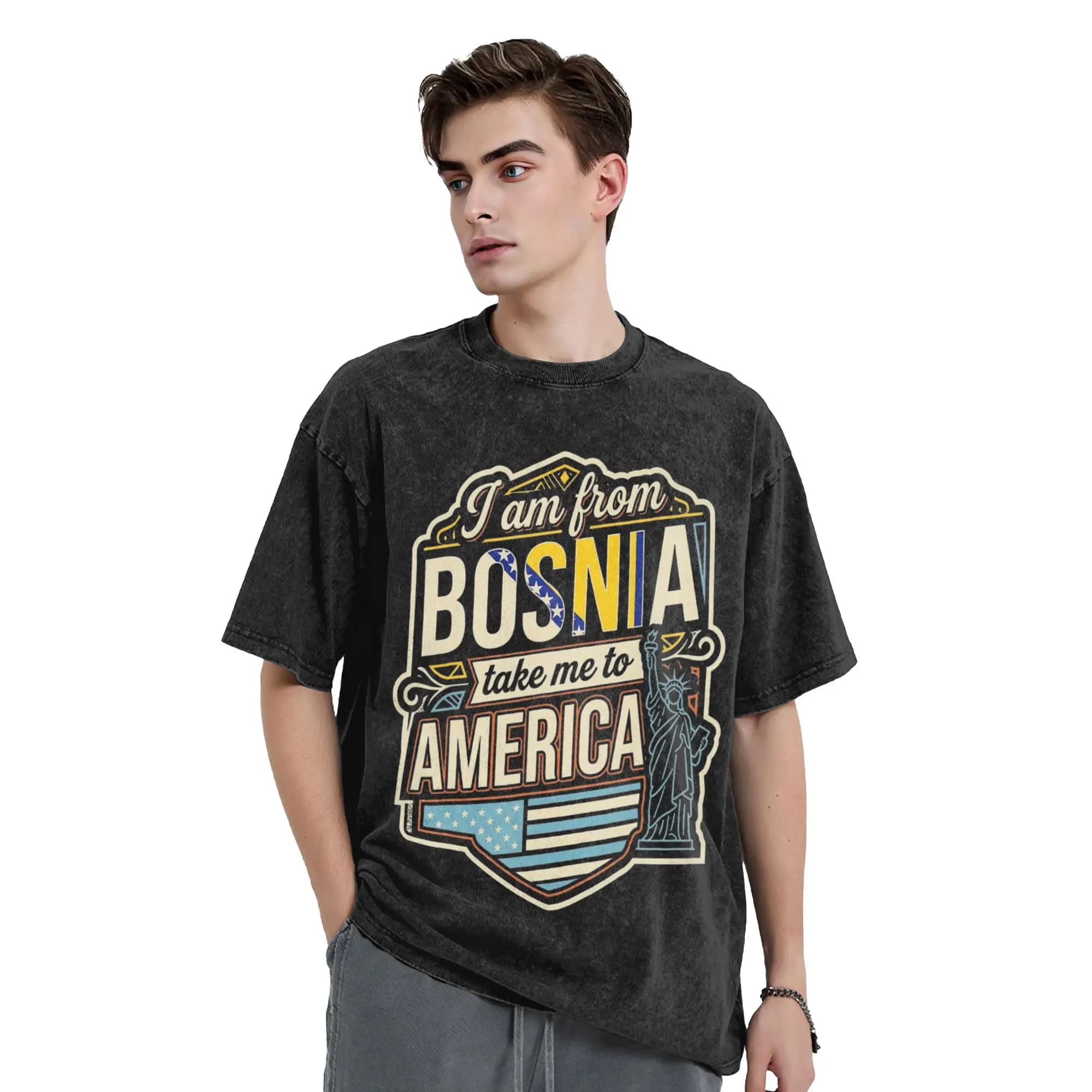 I Am from Bosnia Take Me to America Bosnian T-Shirt Hipster T Shirts Y2K Classic Tops Summer Cotton Crewneck Oversized Tees